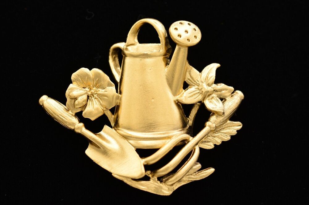 AJC Vintage Gardening Pin Brooch Brushed Gold Spring Floral NOS 1980s BinAH